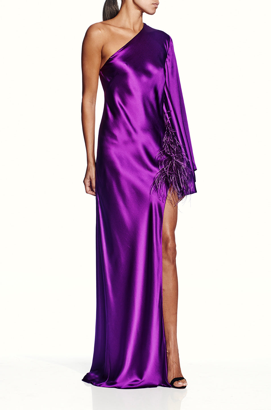 One Sleeve Gown With Ostrich Trim