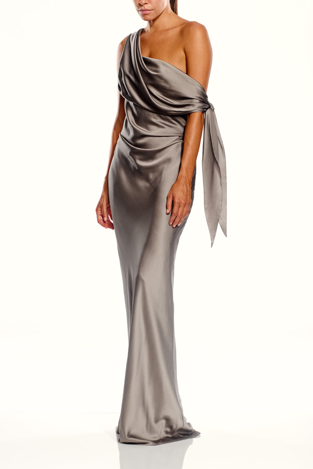 Asymmetrical Drape Gown With Tie