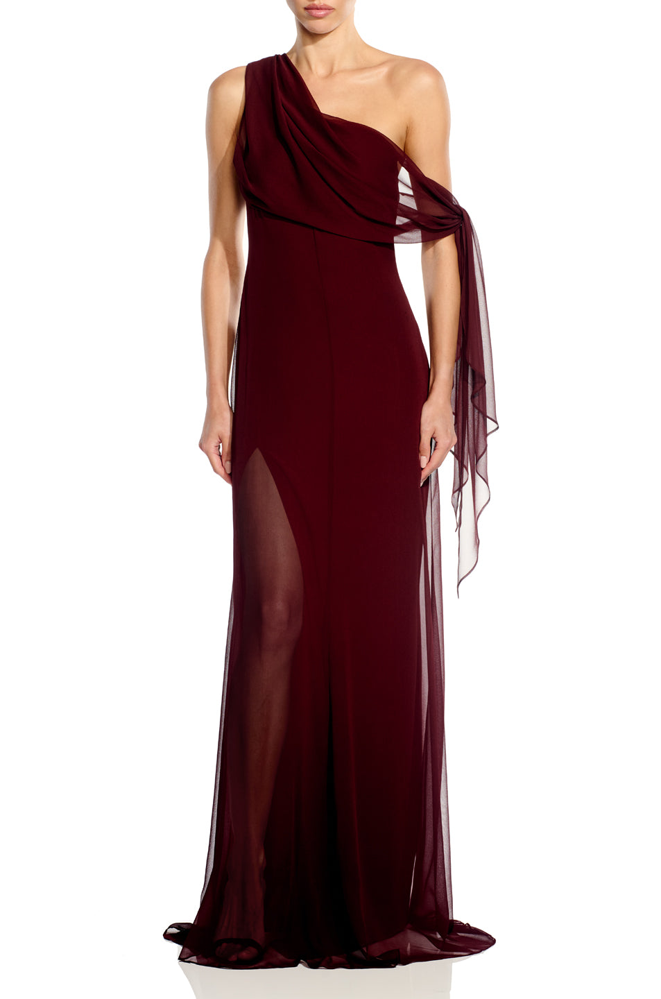 Chiffon Draped Gown With Tie