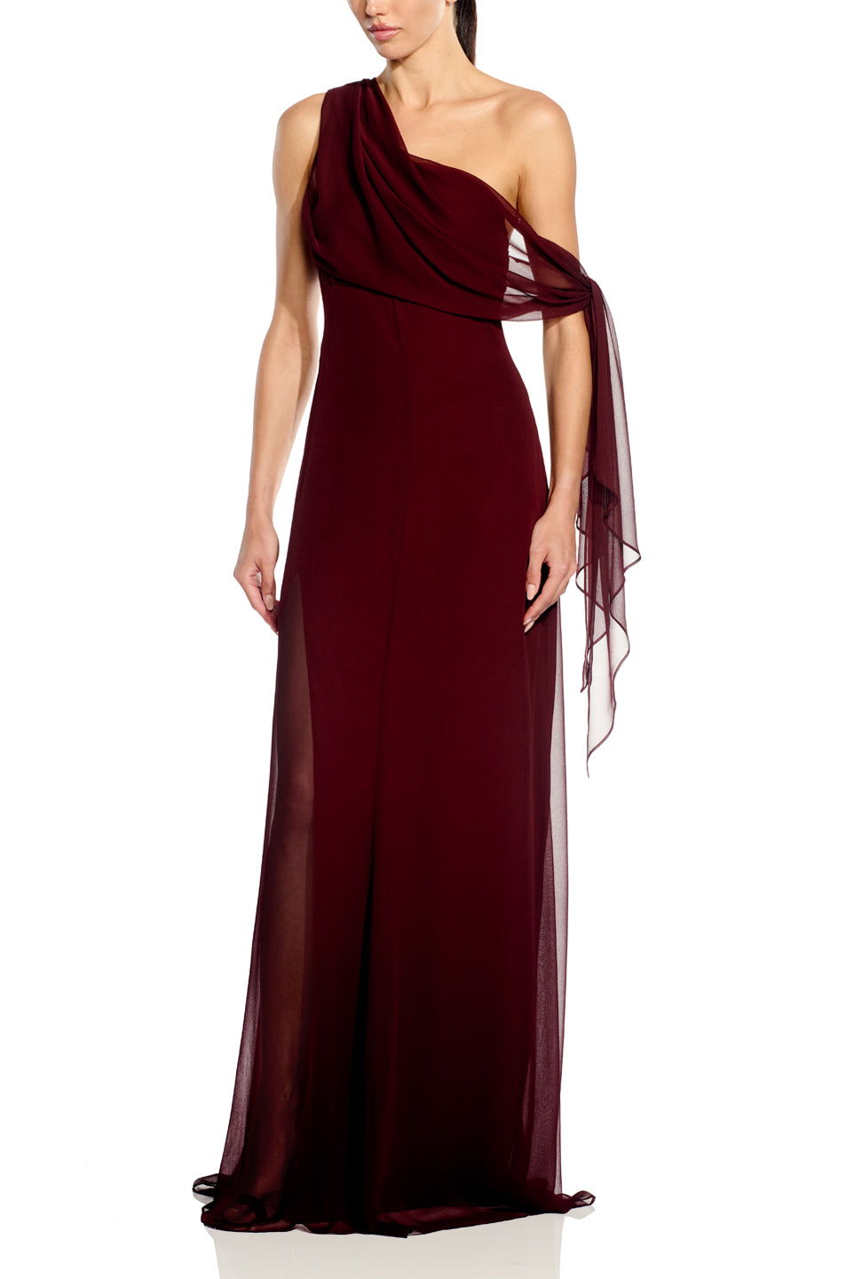 Chiffon Draped Gown With Tie